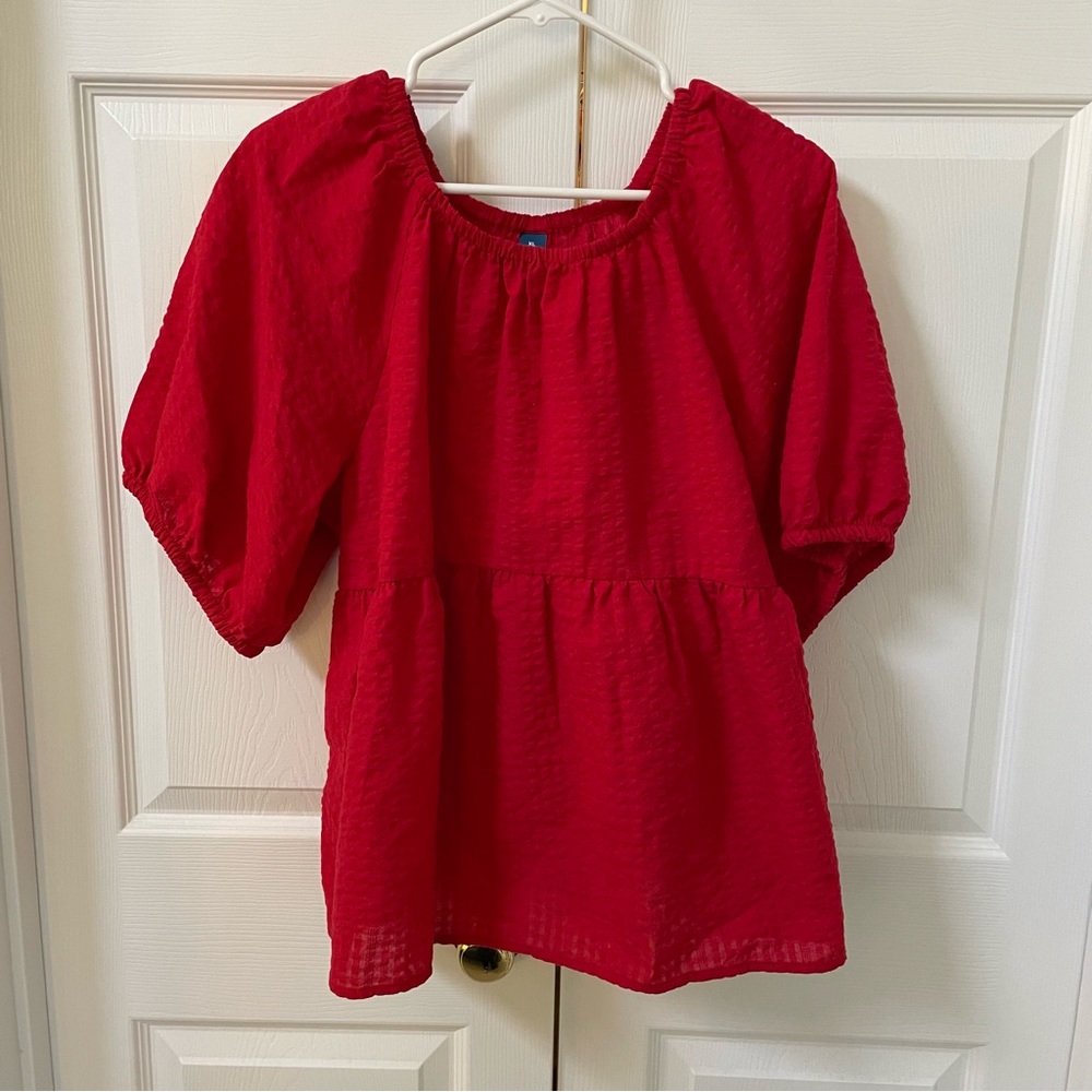 Old Navy Red Puff-Sleeve Seersucker Babydoll Swing Blouse NWT